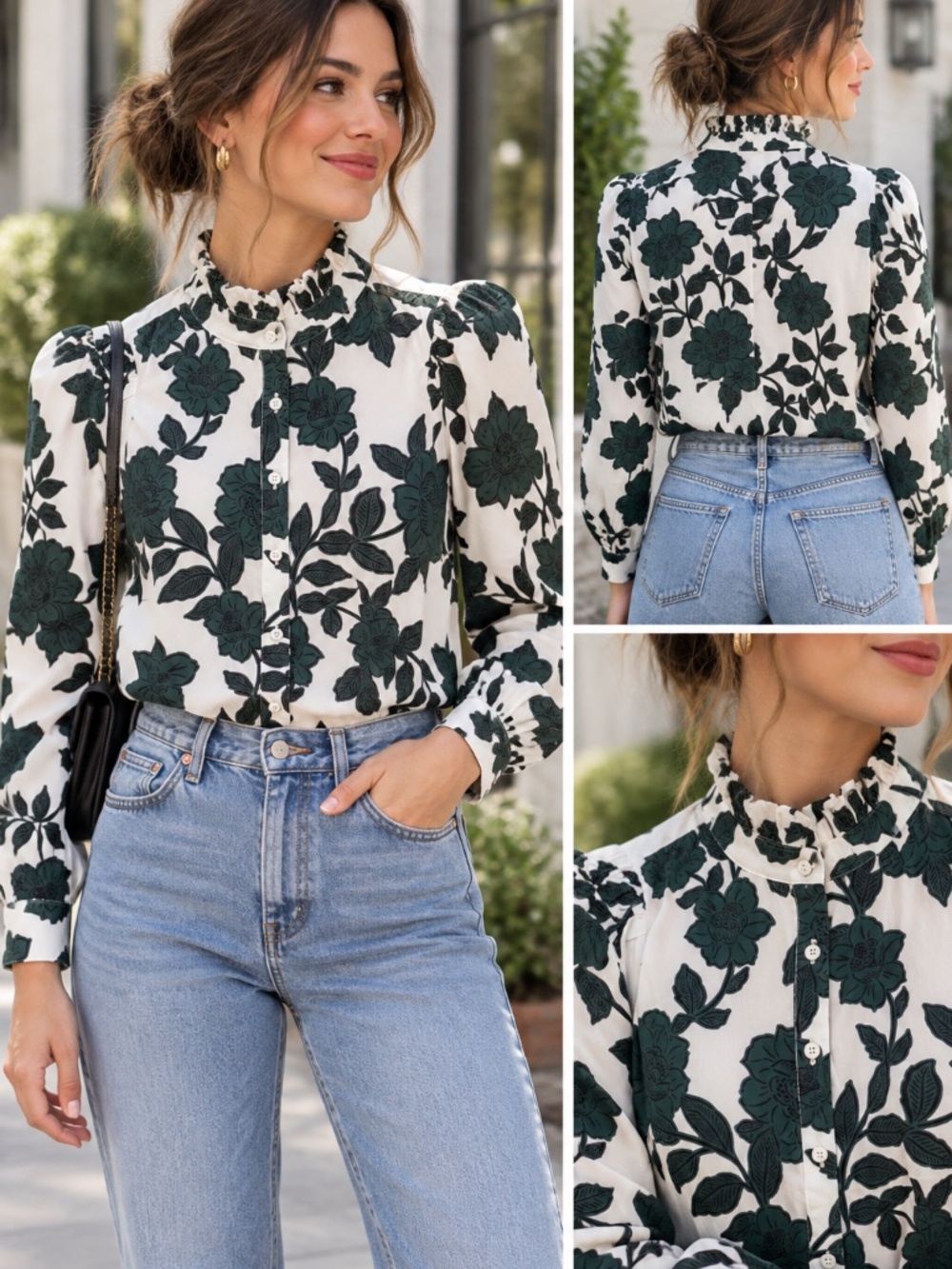 Avara White and Green Floral Print Long Sleeve Blouse withStand Ruffle Collar XS